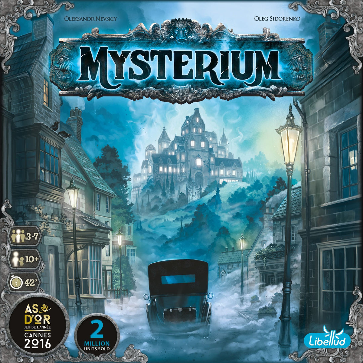 Refreshed box art of the Mysterium board game featuring a ghostly mansion