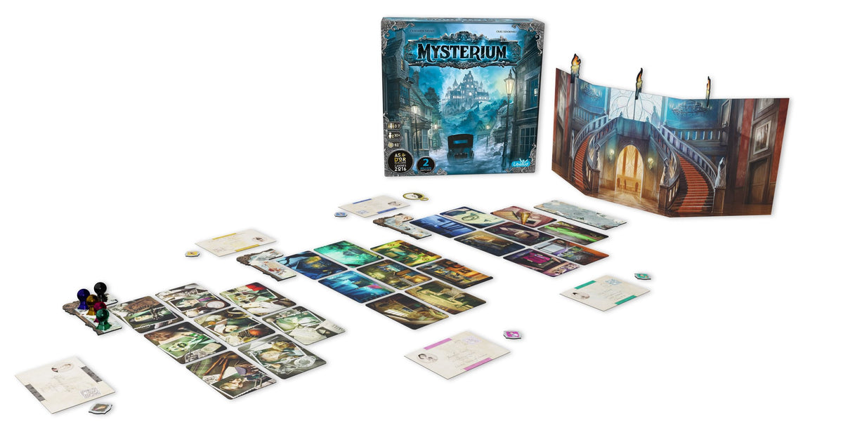 Close-up of game components including vision cards and character tokens