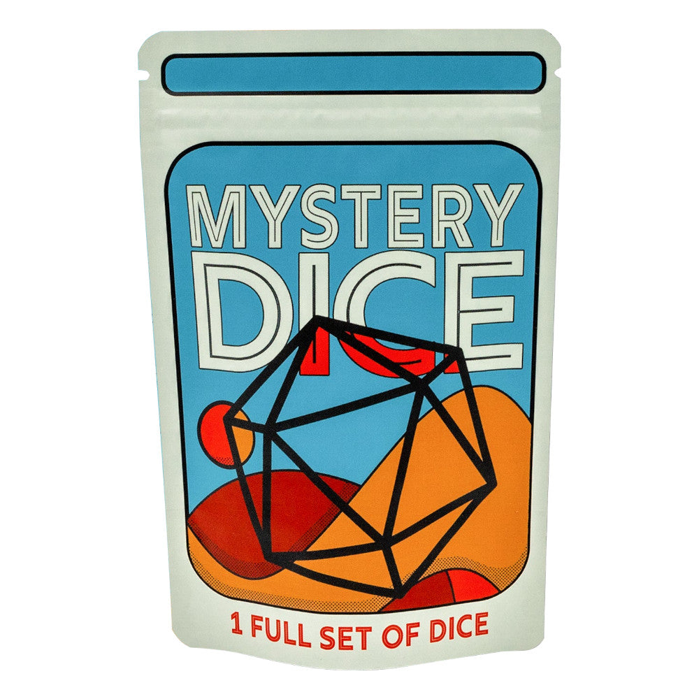 A white "MYSTERY DICE" package shows a black outlined 20-sided die over colorful abstract shapes