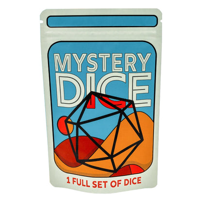 A white "MYSTERY DICE" package shows a black outlined 20-sided die over colorful abstract shapes