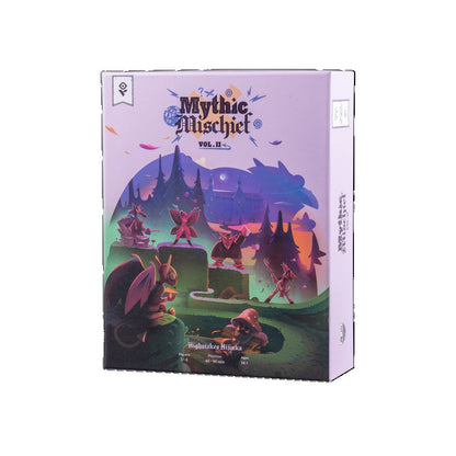 Board game box for Mythic Mischief Vol. II, featuring cartoon monsters in a purple and green fantasy setting