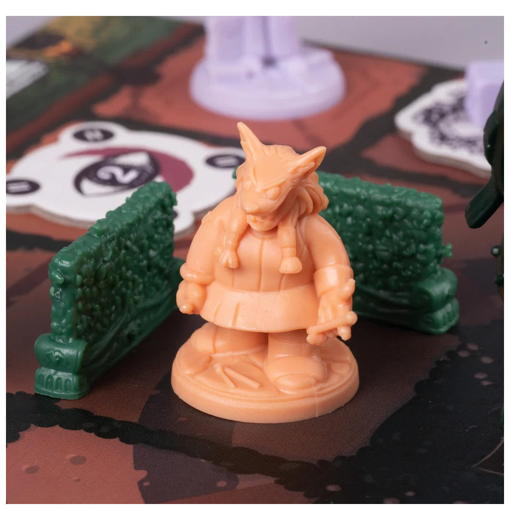 Peach plastic wolf board game miniature flanked by two green hedge tokens