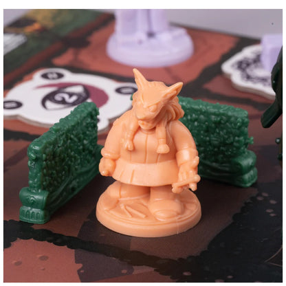 Peach plastic wolf board game miniature flanked by two green hedge tokens