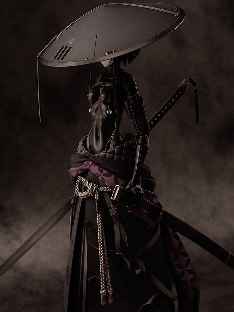 Dark armored woman with a wide, flat hat and two katanas, standing stoically in a smoky environment