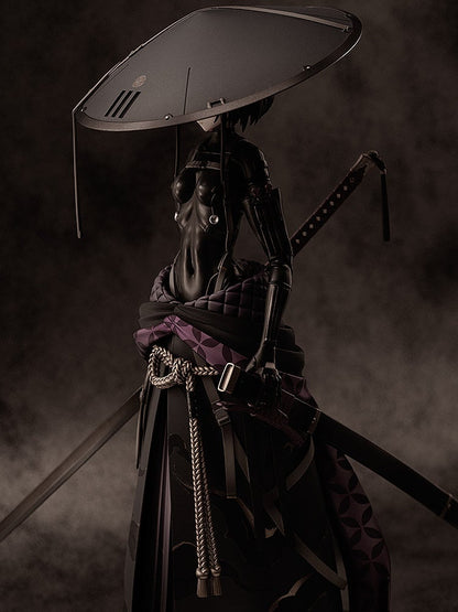 Dark armored woman with a wide, flat hat and two katanas, standing stoically in a smoky environment