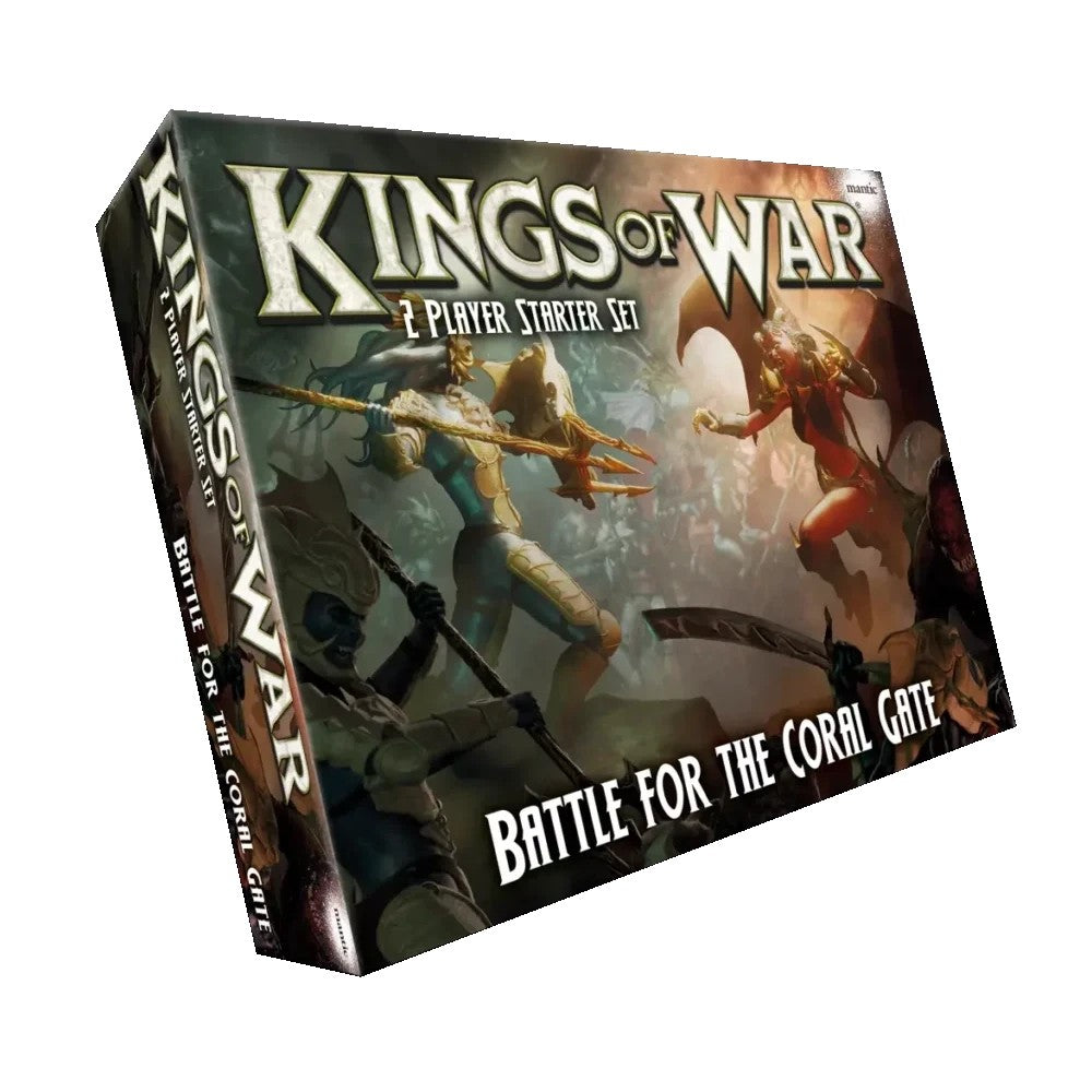 Kings of War: Battle for the Coral Gate board game box. Art shows a blue warrior with a trident battling a red winged figure