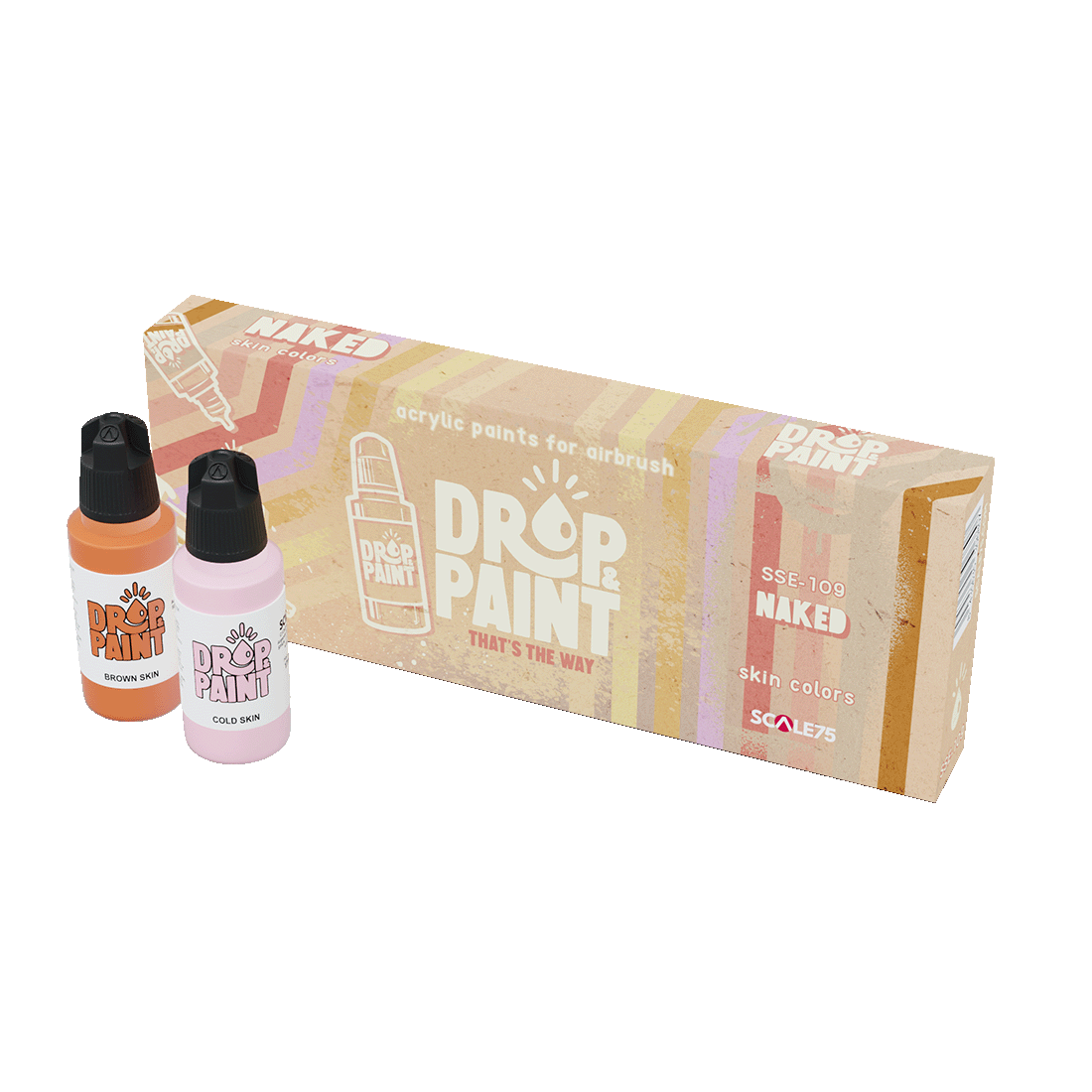Two "DROP & PAINT" acrylic paint bottles, "Brown Skin" and "Cold Skin", next to their "Naked skin colors" box for airbrush
