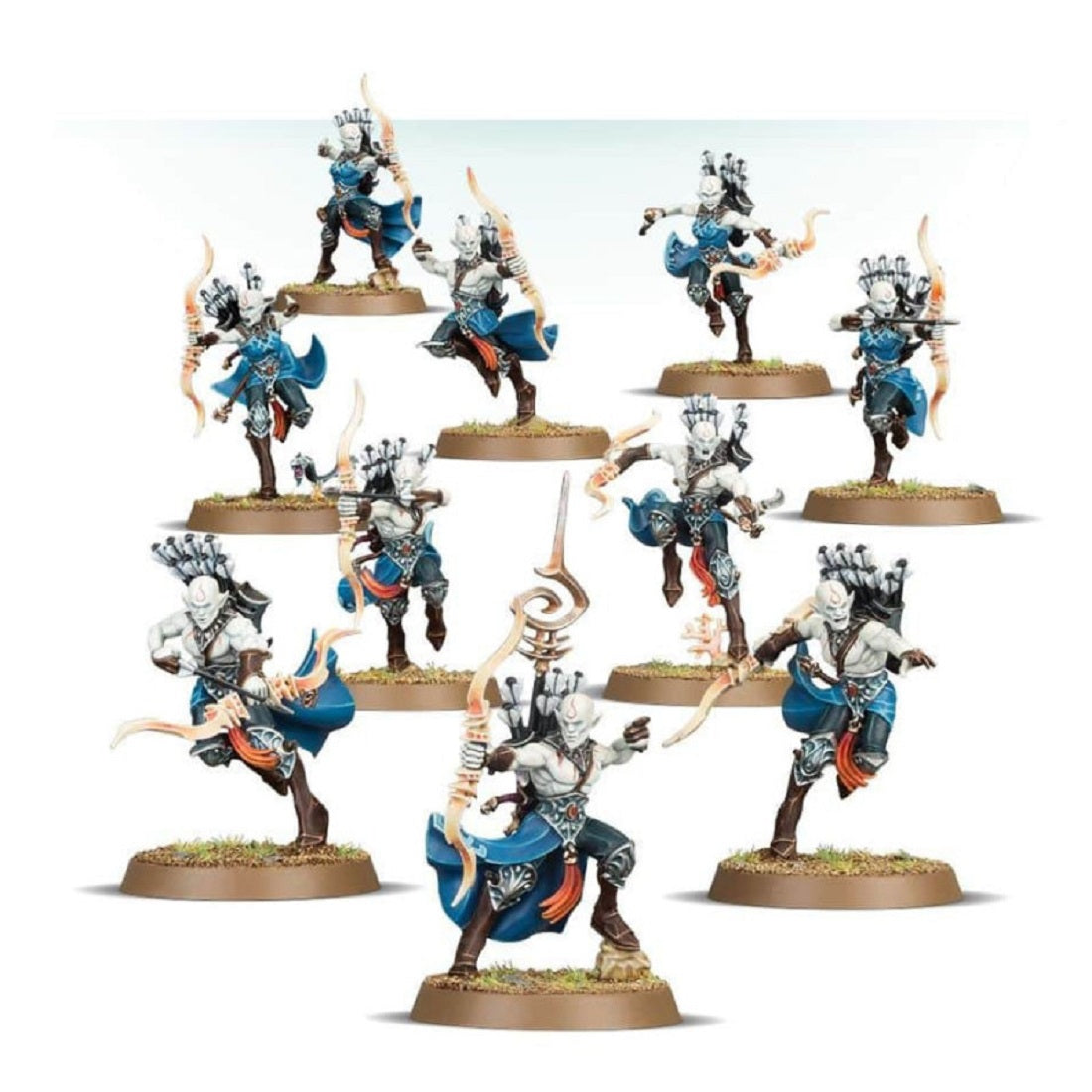Unit of ten painted fantasy miniatures: dynamic Aelf archers armed with bows and wearing white and blue robes