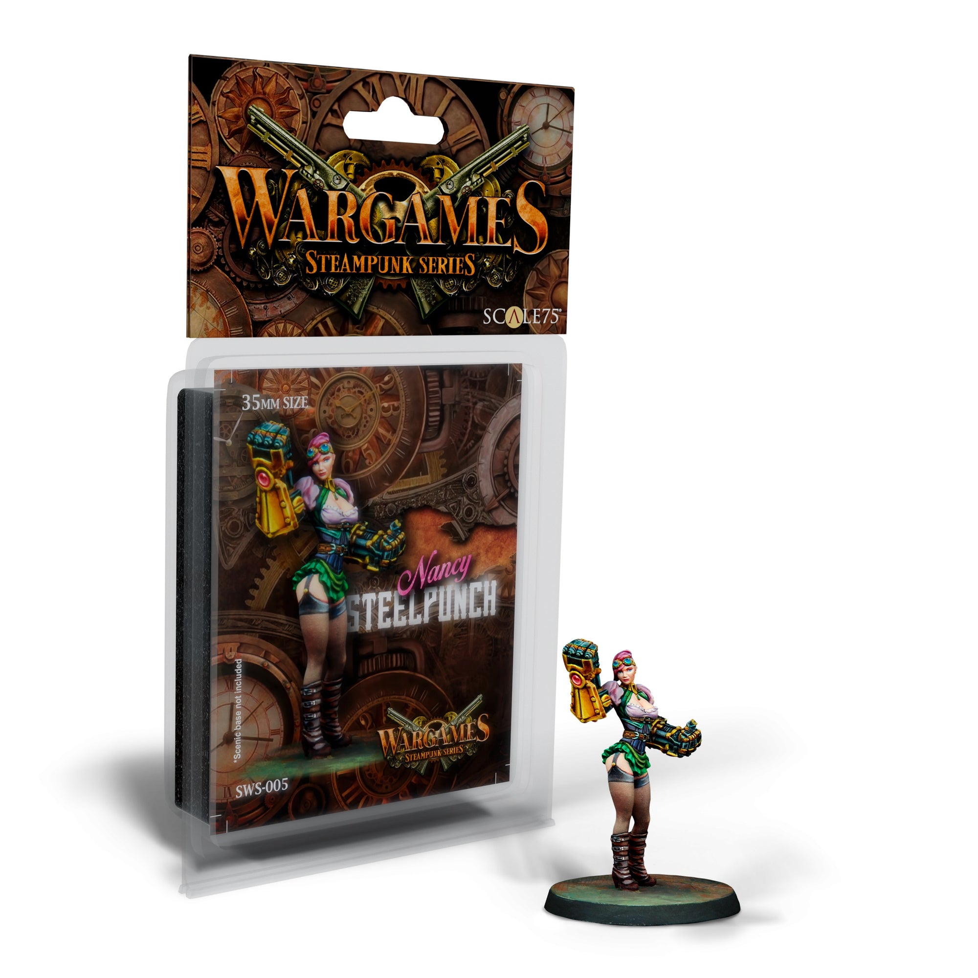 Steampunk miniature of 'Nancy Steelpunch' with large gauntlets, displayed next to its Wargames blister pack.