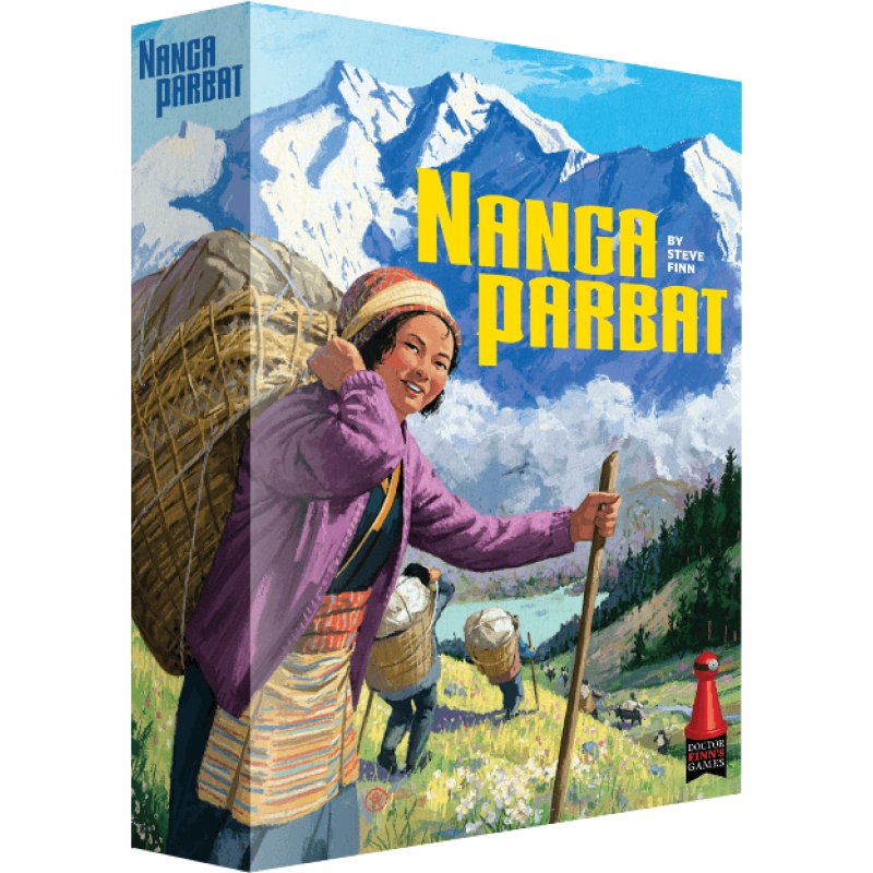 Nanga Parbat board game cover: Smiling woman carries a large basket and staff, trekking through snowy mountains