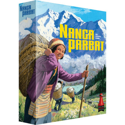 Nanga Parbat board game cover: Smiling woman carries a large basket and staff, trekking through snowy mountains