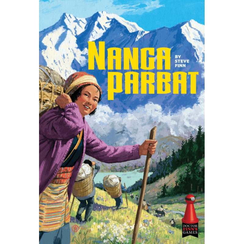 Smiling woman, a mountain porter with a basket on her back and staff, hikes in the Himalayas. Text: Nanga Parbat