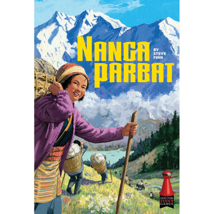 Smiling woman, a mountain porter with a basket on her back and staff, hikes in the Himalayas. Text: Nanga Parbat