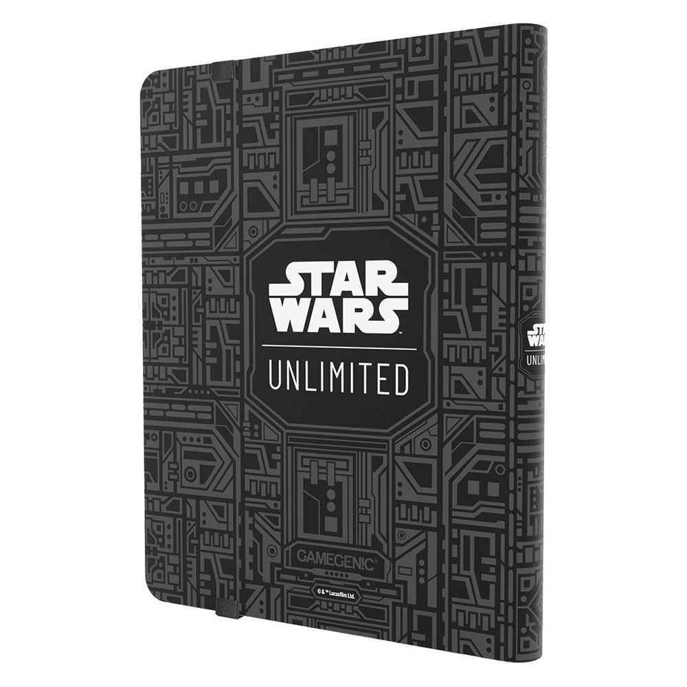 A black Star Wars-themed card album with the words &quot;STAR WARS UNLIMITED&quot; and a circuit board pattern design