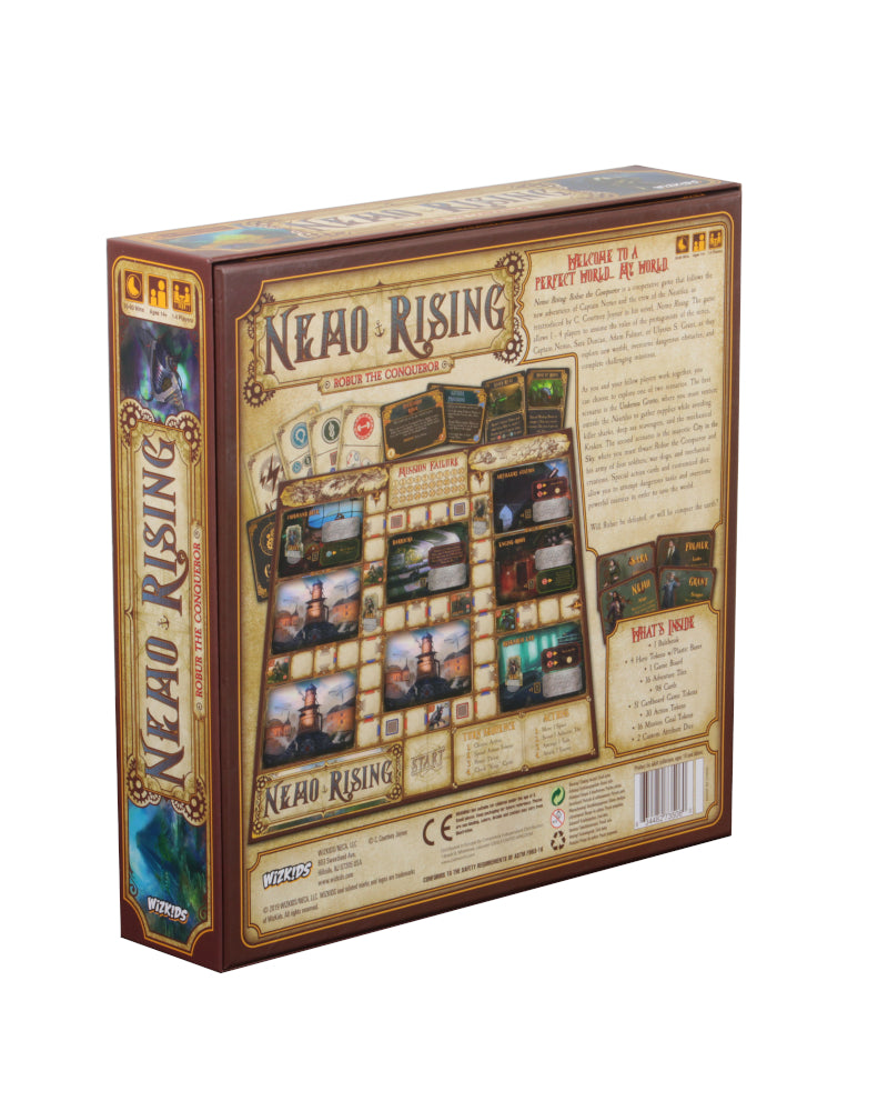 Back of the Nemo Rising: Robur the Conqueror board game box, displaying game components, description, and contents