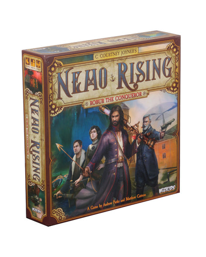 Nemo Rising: Robur the Conqueror board game box: A central man in a long purple coat leads three armed adventurers