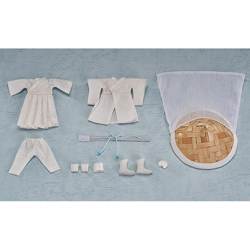 White samurai costume for Nendoroid dolls including robe hakama pants boots belt and conical straw hat