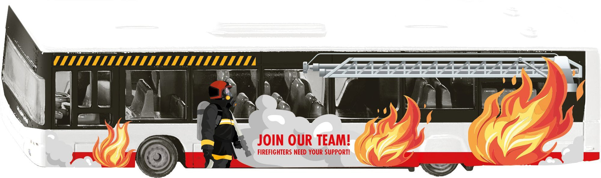 Cartoon of a bus engulfed in flames and smoke, with a firefighter standing next to recruitment text "JOIN OUR TEAM!