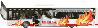 Cartoon of a bus engulfed in flames and smoke, with a firefighter standing next to recruitment text "JOIN OUR TEAM!
