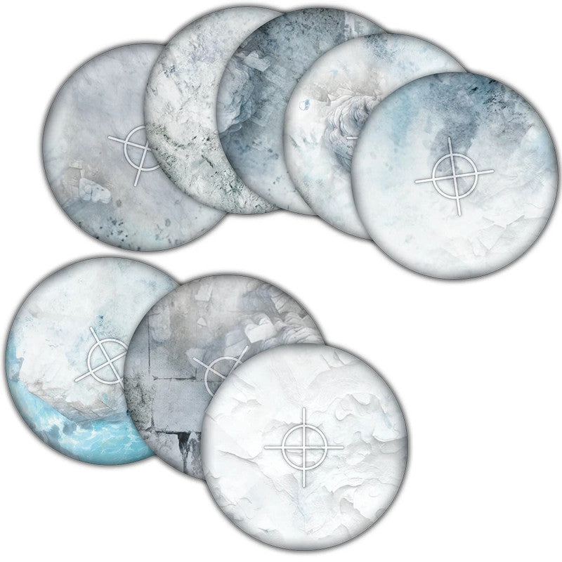 Eight circular  neoprene objective templates with white target symbols, featuring abstract icy and snowy textures