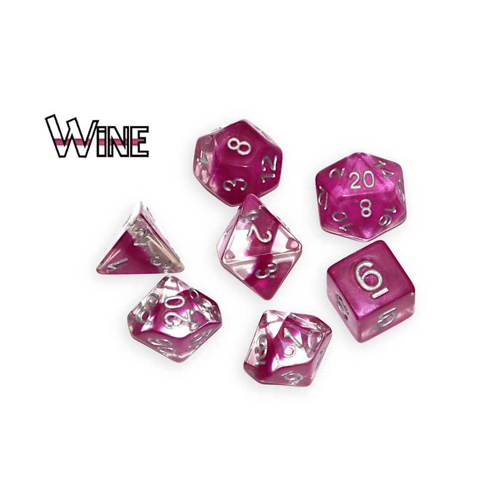 Set of 7 translucent wine-coloured polyhedral dice with silver numbers on white. "WINE" text in top left.