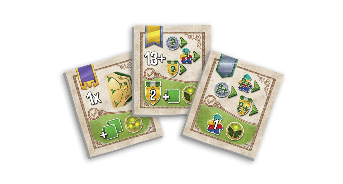 New Contracts Promo cards laid out on a game board, featuring detailed contract objectives, colorful icons, and thematic artwork that integrates seamlessly with the base game