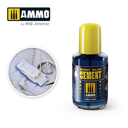 AMMO Night Blue Cement bottle. Inset shows blue cement joining two white plastic model parts together