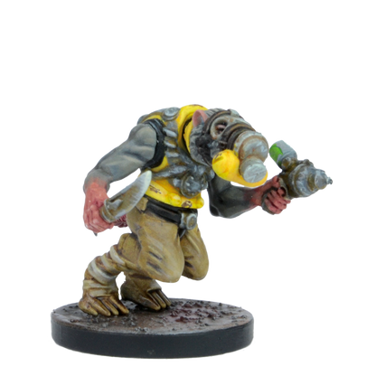 Miniature of a rat-like creature in a gas mask and yellow vest, crouching with a knife and futuristic gun