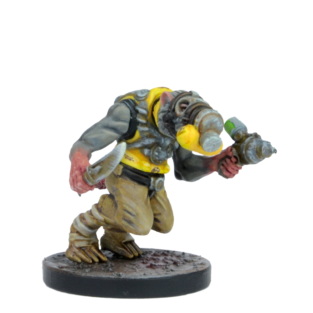 Miniature of a rat-like creature in a gas mask and yellow vest, crouching with a knife and futuristic gun