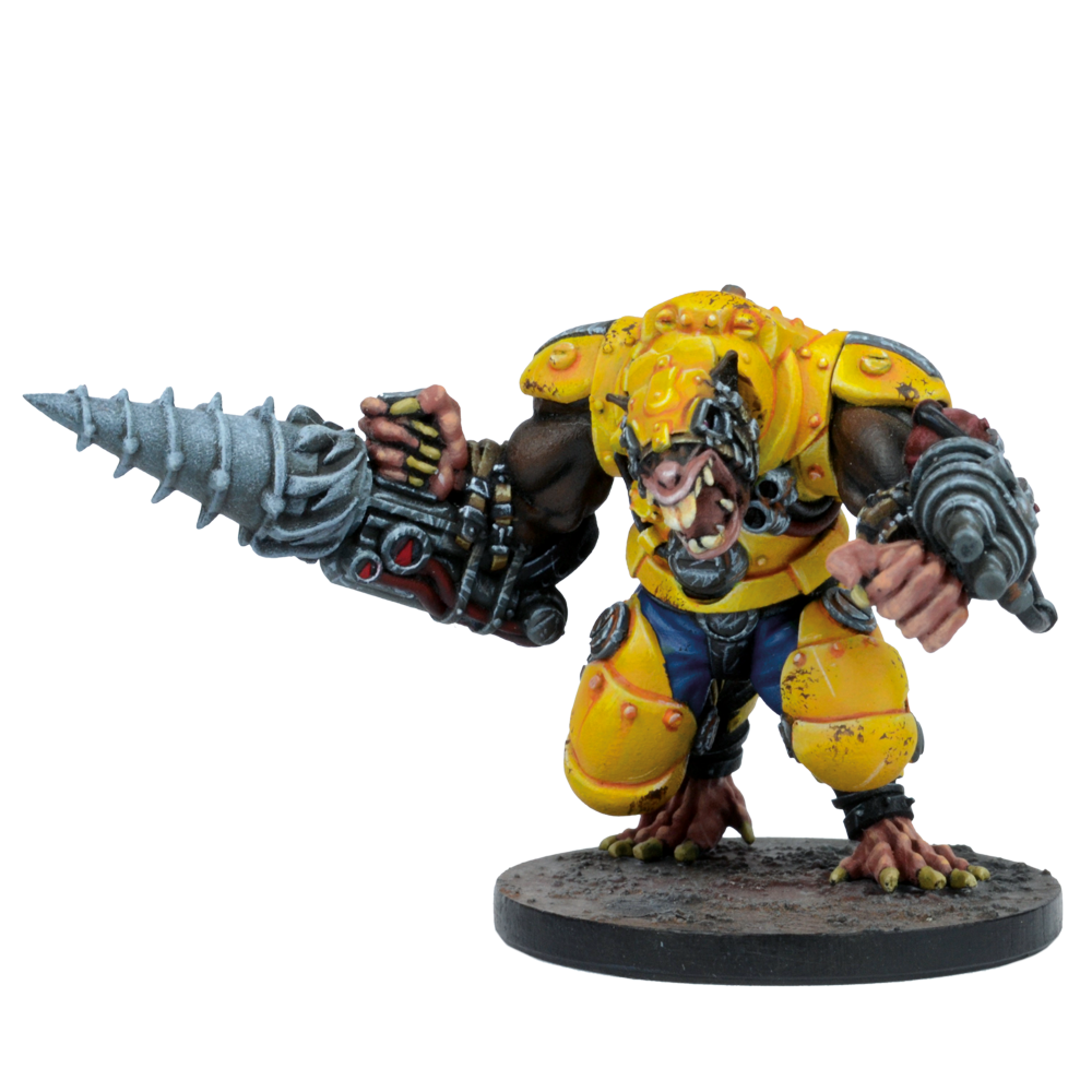 Miniature of a fierce, brown-skinned monster in yellow armor, with a large drill arm and heavy weapon arm