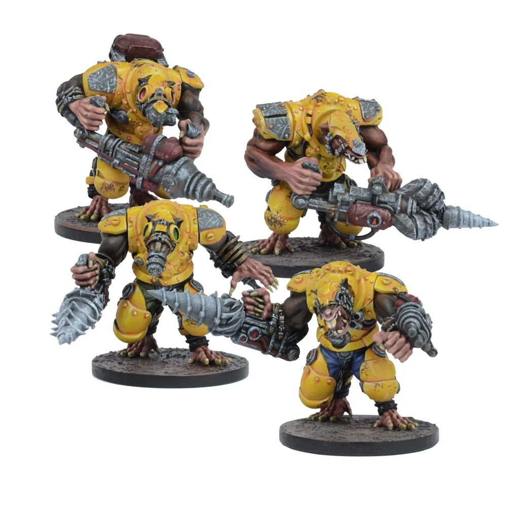 Four armored, rat-like miniatures in yellow suits, each wielding a large drill weapon