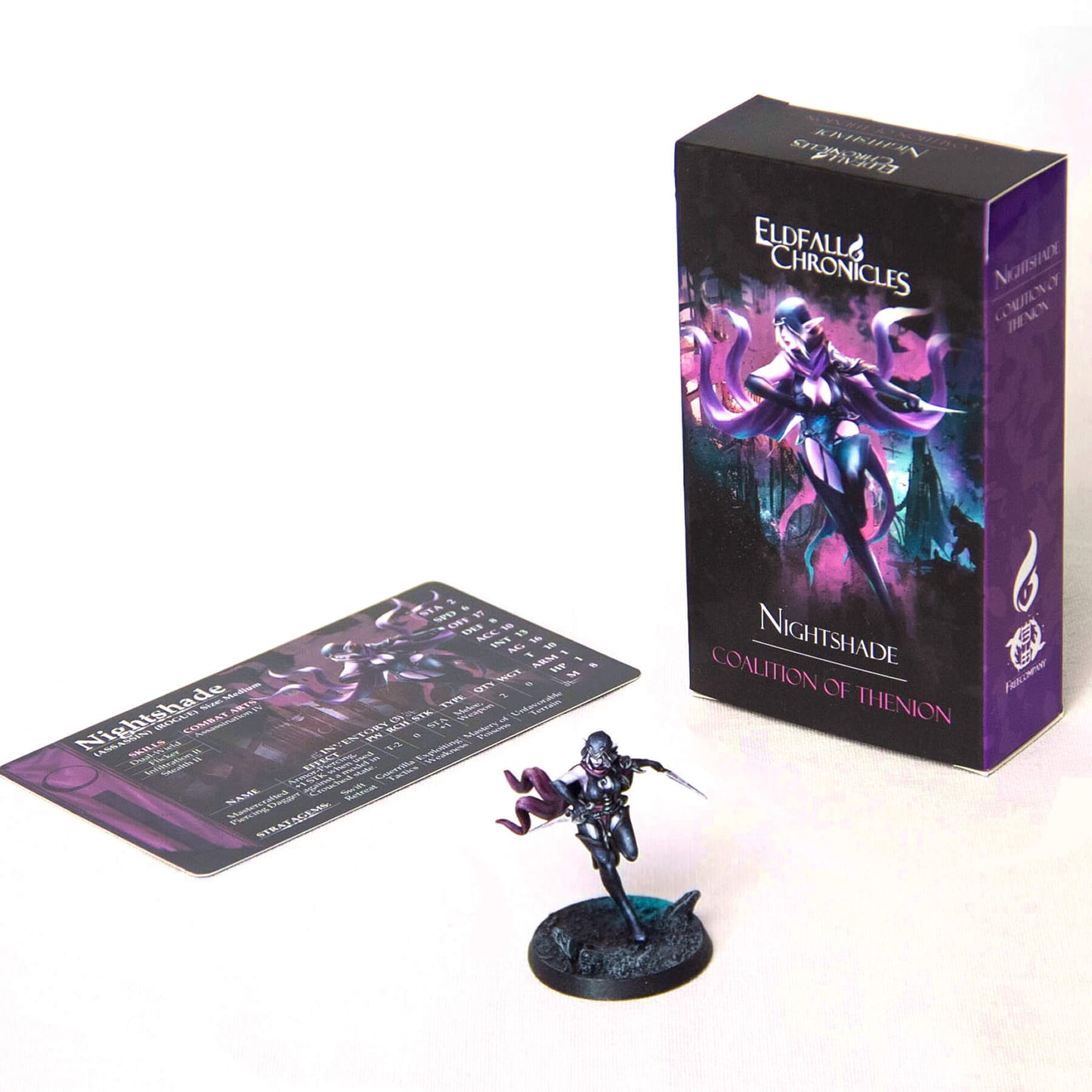 A dynamic Nightshade miniature (purple-clad warrior with two daggers), its character card, and Eldfall Chronicles game box.