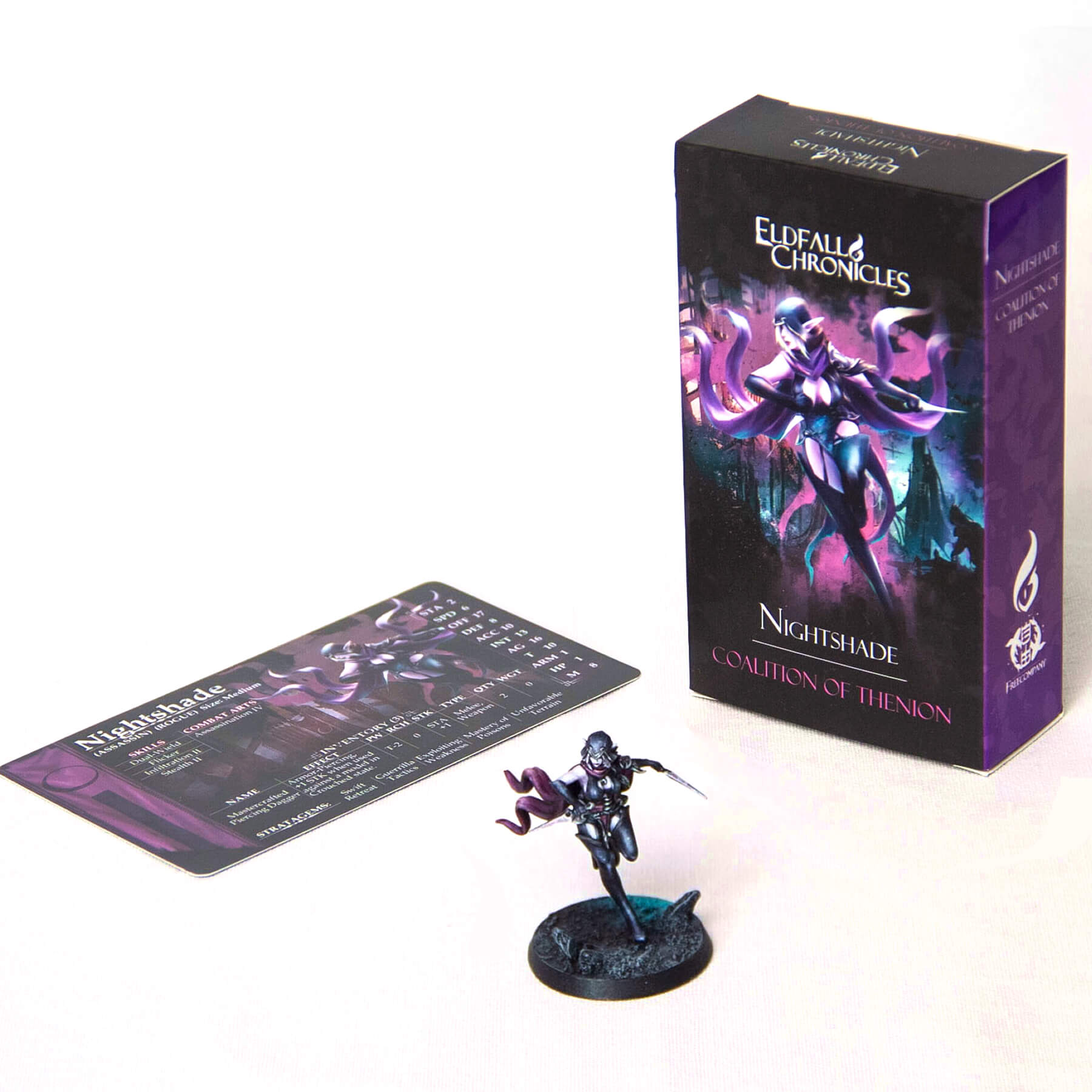 A dynamic Nightshade miniature (purple-clad warrior with two daggers), its character card, and Eldfall Chronicles game box.