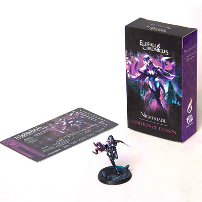 A dynamic Nightshade miniature (purple-clad warrior with two daggers), its character card, and Eldfall Chronicles game box.