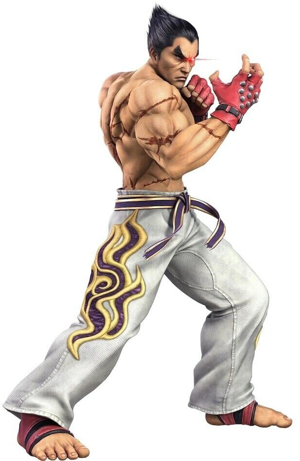 A shirtless, muscular fighting game character with scars and spiky hair, in a combat pose with a red eye laser