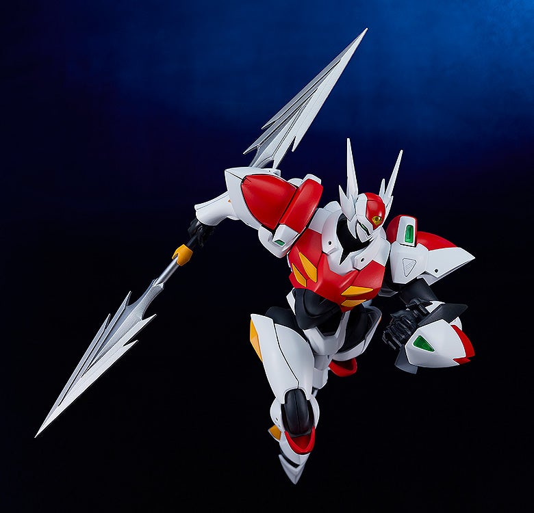 White and red anime mecha figure in a dynamic pose, wielding a multi-bladed silver spear