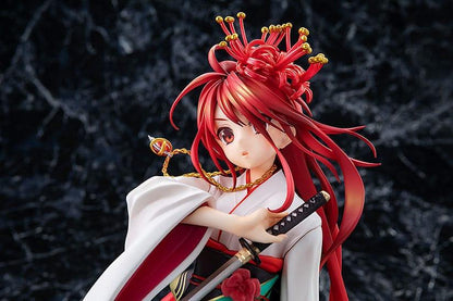 Detailed anime figure of a young woman with long red hair and a striking floral headdress wearing