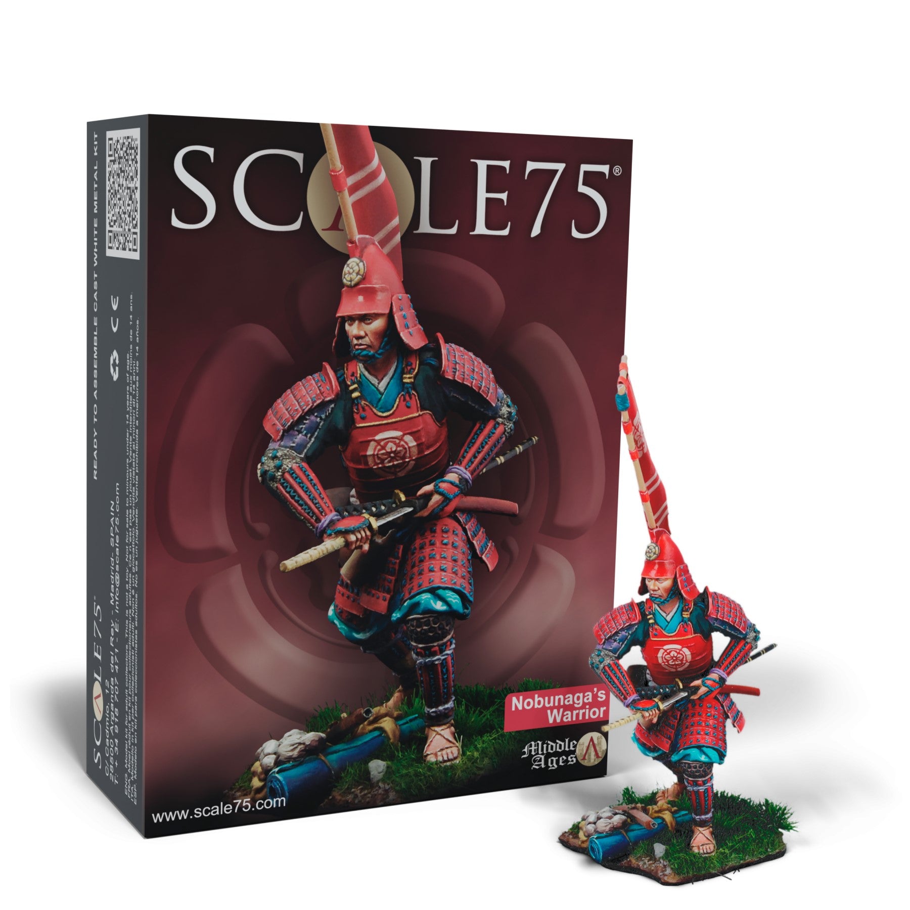 SCALE75 model kit of Nobunaga's Warrior: a miniature samurai in red armor drawing a sword, on a grassy base