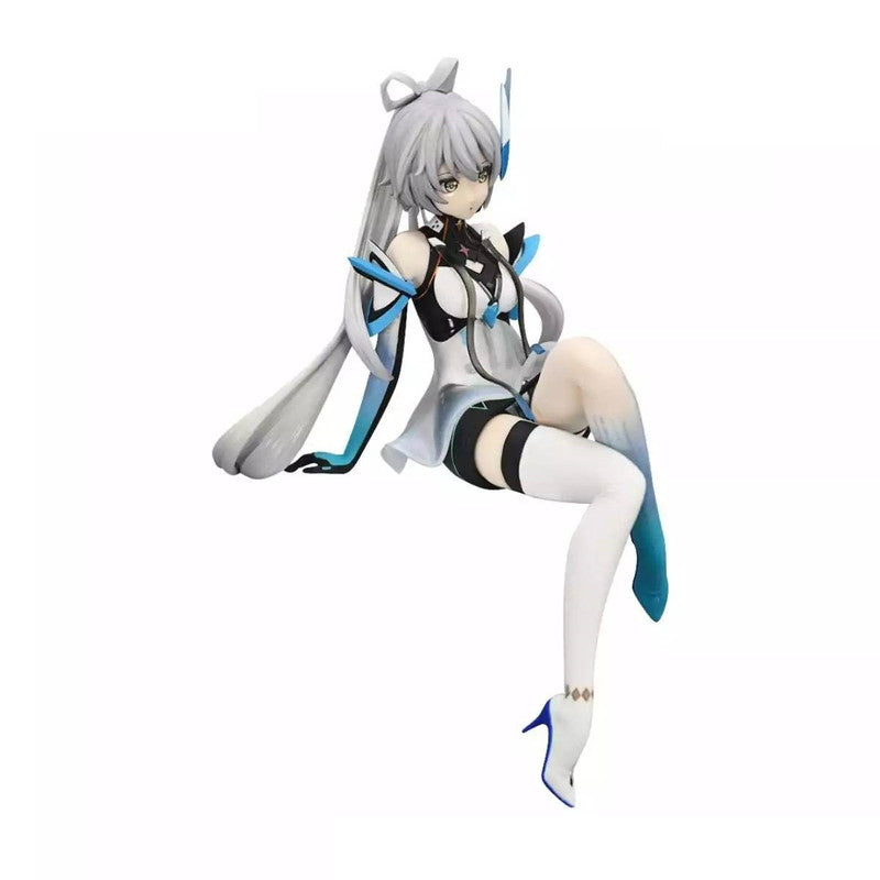 14 scale figure of anime character in white and blue futuristic outfit seated with legs crossed