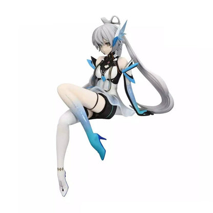 122 anime figure with white and blue accents sitting pose long silver hair and blue eyes