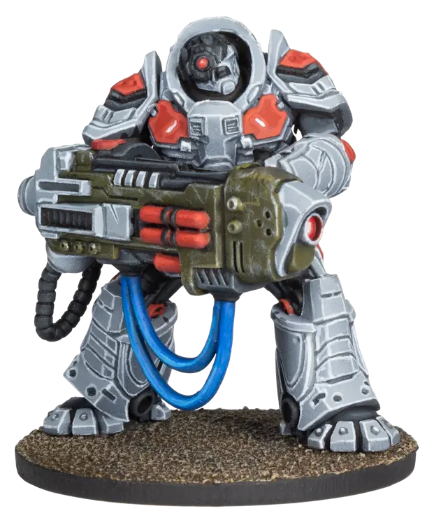 Firefight Novashock Peacekeeper with heavy machine gun, gray and red armor, blue hoses