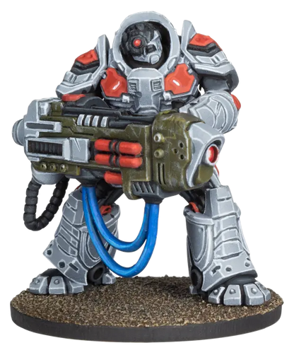 Firefight Novashock Peacekeeper with heavy machine gun, gray and red armor, blue hoses