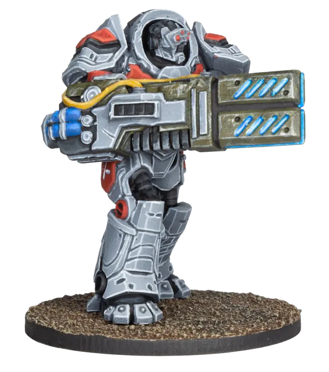 Firefight Peacekeepers heavy weapon platform mini, grey armor, red accents, large double-barreled gun