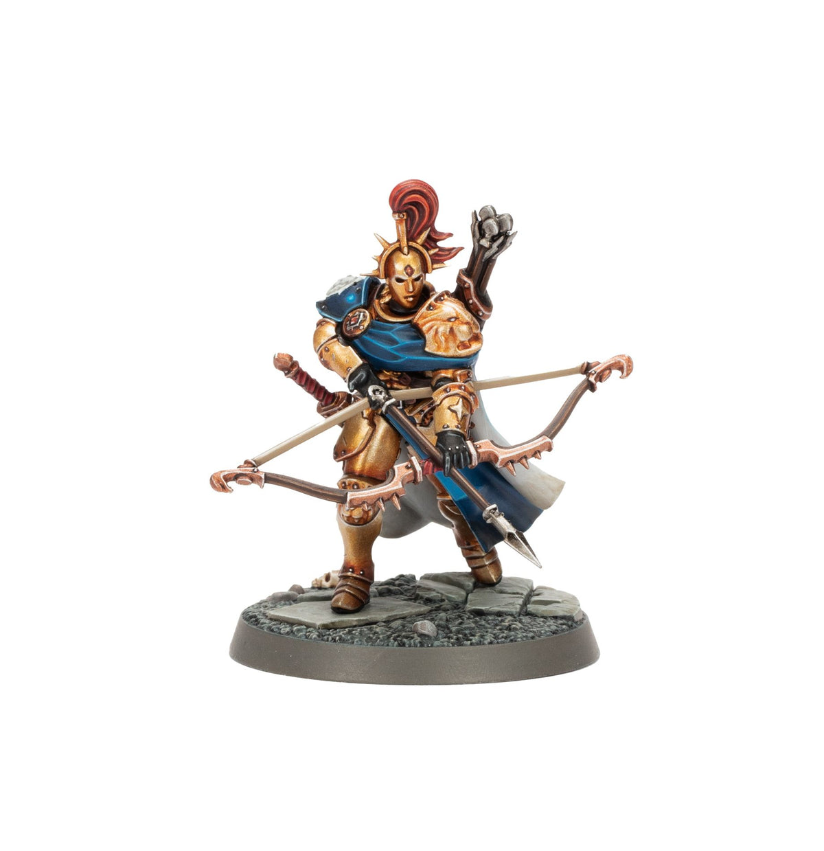 A gold-armored warrior miniature with a blue cape and masked helmet holding a bow posed on a rocky base