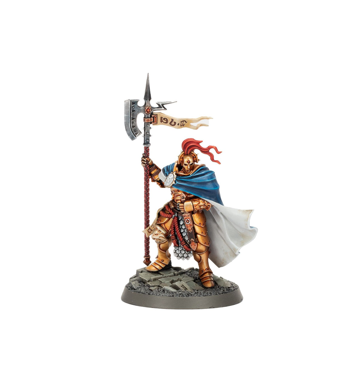 A golden armored warrior miniature with a blue cape holding a polearm with a banner standing on a rocky base