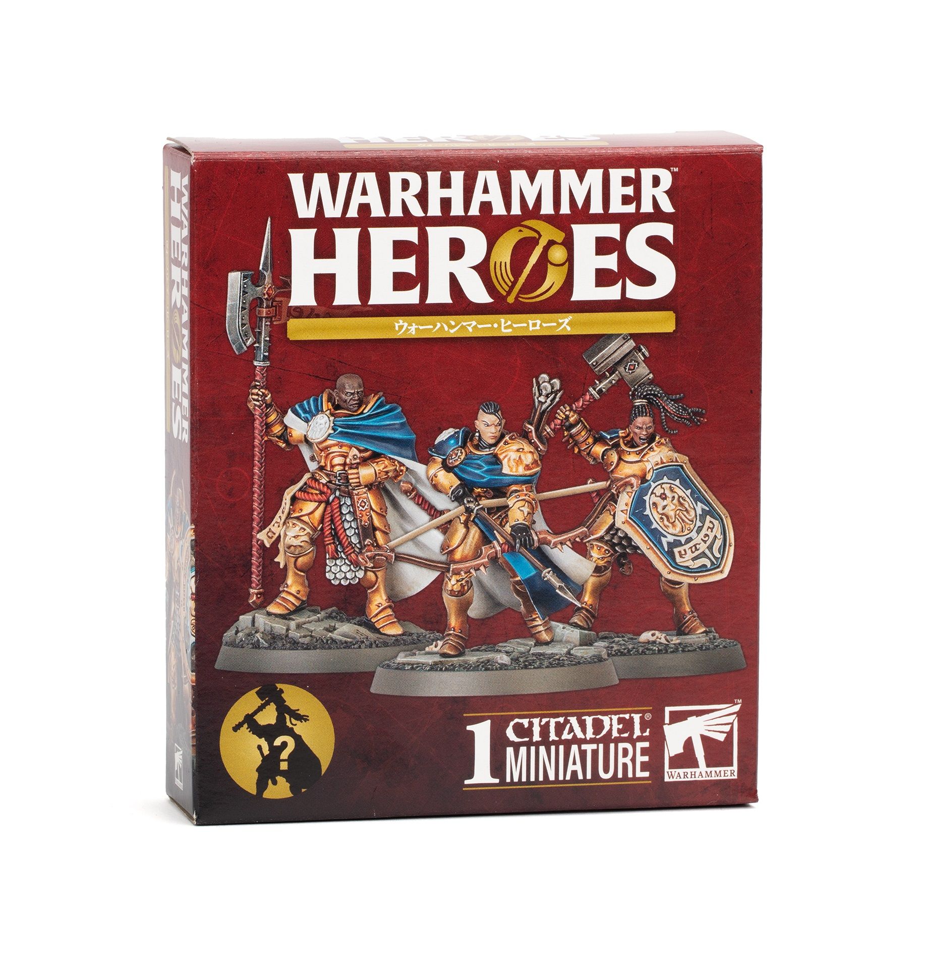 Red Warhammer Heroes box displaying three armored warrior miniatures: one with an axe one with a spear and one with a hammer and shield