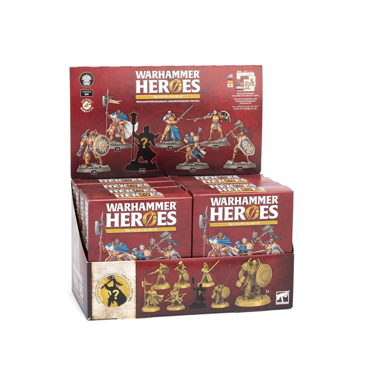 A red retail display box of Warhammer Heroes blind-buy collectible miniature figures