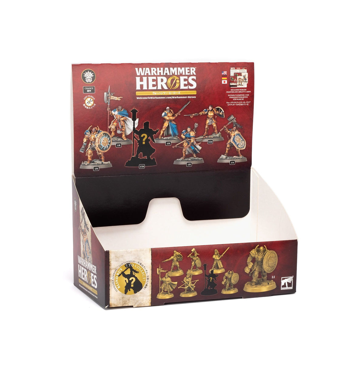 An open Warhammer Heroes display box showcasing painted fantasy miniatures and a mystery figure silhouette