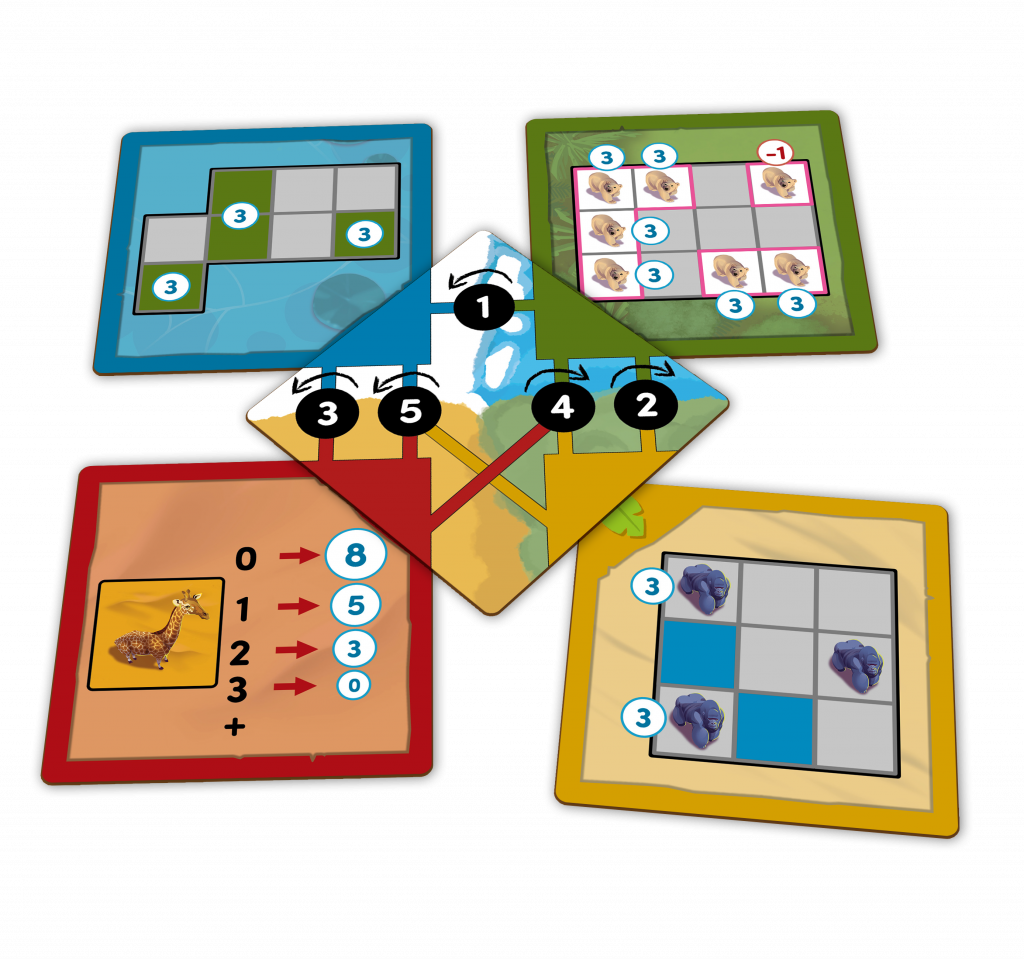 A central directional game tile is surrounded by four unique game tiles featuring grids, animal tokens, and numbers