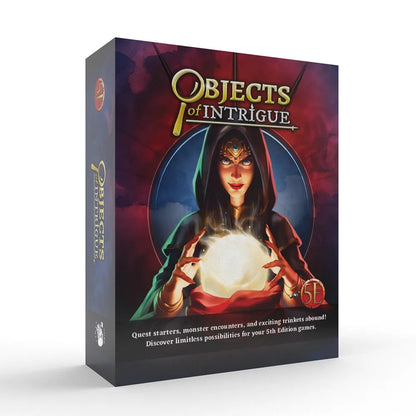 A box for "Objects of Intrigue" shows a hooded sorceress holding a glowing orb, for 5E roleplaying games